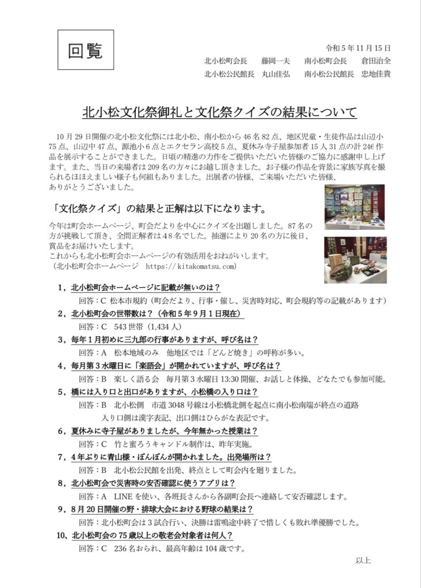 北小松文化祭御礼と文化祭クイズの結果について